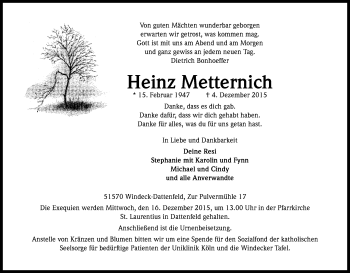 Anzeige von Heinz Metternich von Kölner Stadt-Anzeiger / Kölnische Rundschau / Express