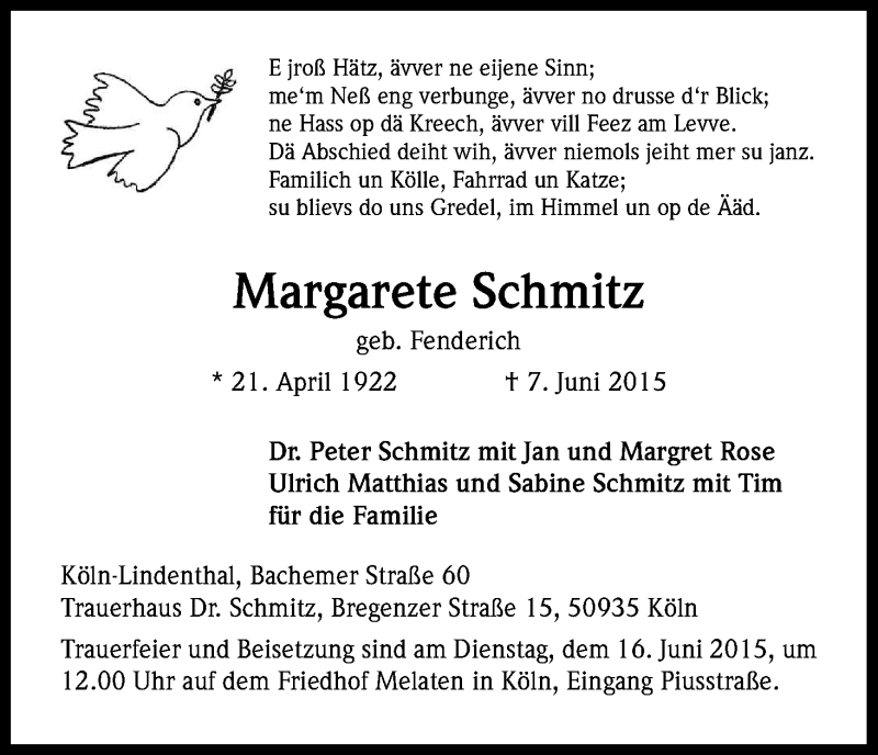  Traueranzeige für Margarete Schmitz vom 13.06.2015 aus Kölner Stadt-Anzeiger / Kölnische Rundschau / Express