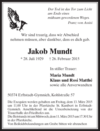 Anzeige von Jakob Mundt von  Sonntags-Post 