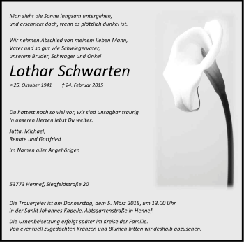 Anzeige von Lothar Schwarten von Kölner Stadt-Anzeiger / Kölnische Rundschau / Express