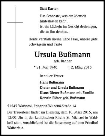Anzeige von Ursula Bußmann von Kölner Stadt-Anzeiger / Kölnische Rundschau / Express
