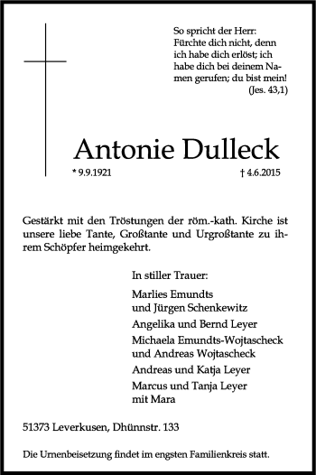 Anzeige von Antonie Dulleck von Kölner Stadt-Anzeiger / Kölnische Rundschau / Express