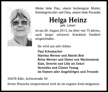 Anzeige von Helga Heinz von Kölner Stadt-Anzeiger / Kölnische Rundschau / Express