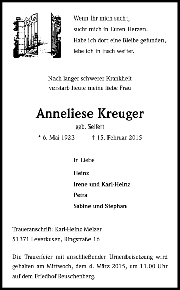 Anzeige von Anneliese Kreuger von Kölner Stadt-Anzeiger / Kölnische Rundschau / Express