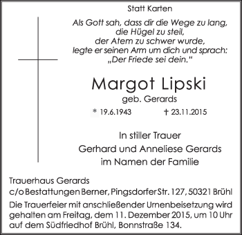 Anzeige von Margot Lipski von  Schlossbote/Werbekurier 