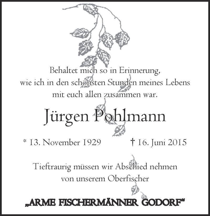  Traueranzeige für Jürgen Pohlmann vom 01.07.2015 aus  Kölner Wochenspiegel 