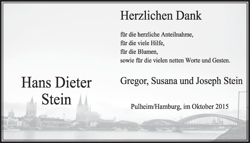  Traueranzeige für Hans Dieter Stein vom 10.10.2015 aus  Sonntags-Post 