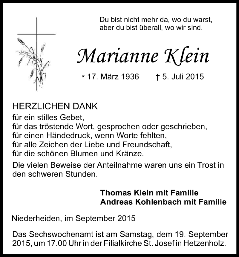  Traueranzeige für Marianne Klein vom 04.09.2015 aus Kölner Stadt-Anzeiger / Kölnische Rundschau / Express