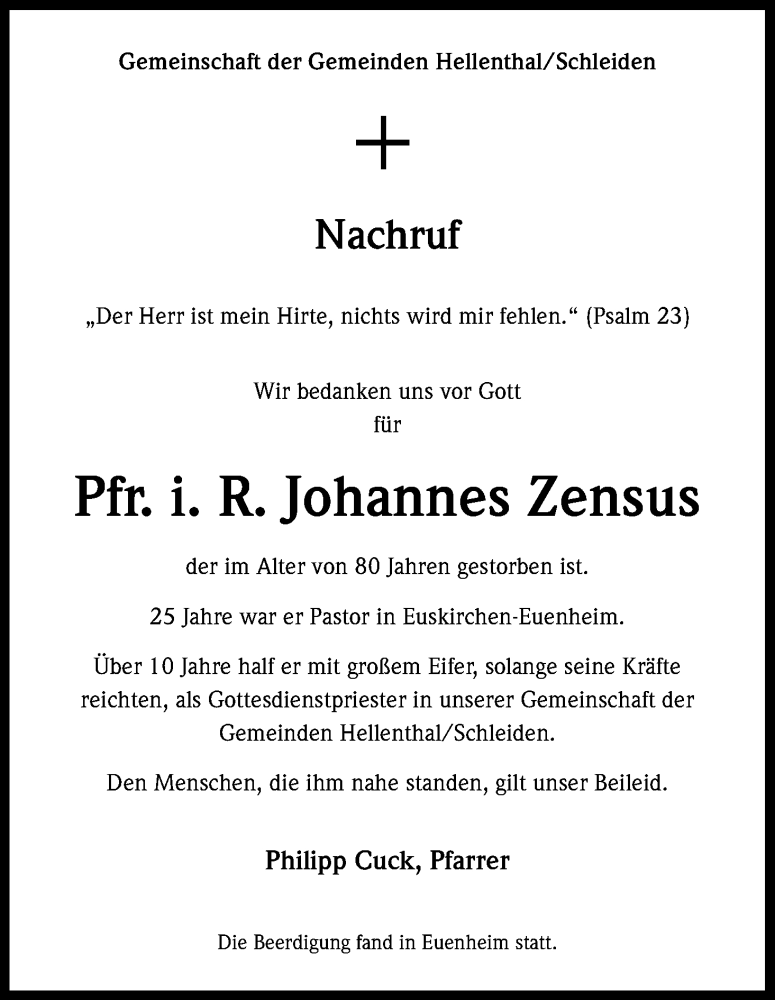  Traueranzeige für Johannes Zensus vom 20.02.2015 aus Kölner Stadt-Anzeiger / Kölnische Rundschau / Express