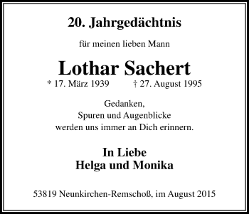Anzeige von Lothar Sachert von Kölner Stadt-Anzeiger / Kölnische Rundschau / Express