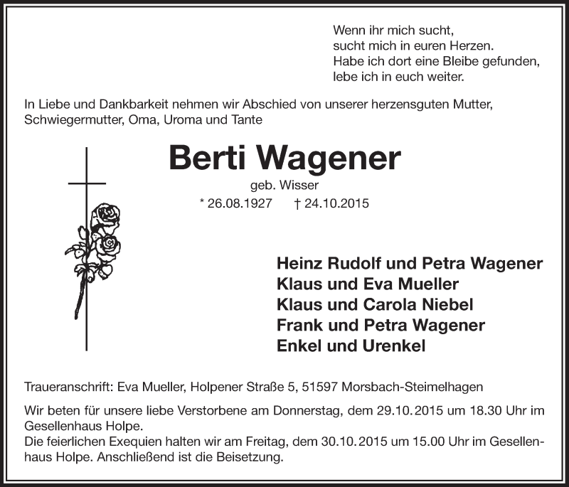  Traueranzeige für Berti Wagener vom 28.10.2015 aus  Lokalanzeiger 