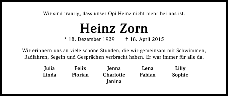  Traueranzeige für Heinz Zorn vom 22.04.2015 aus Kölner Stadt-Anzeiger / Kölnische Rundschau / Express