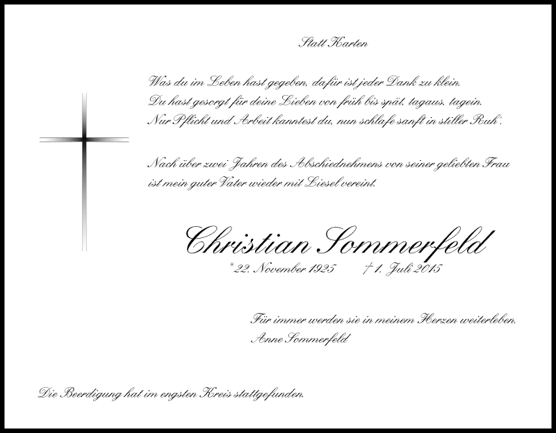  Traueranzeige für Christian Sommerfeld vom 01.08.2015 aus Kölner Stadt-Anzeiger / Kölnische Rundschau / Express