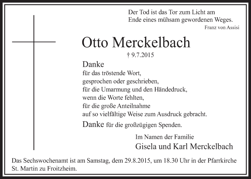  Traueranzeige für Otto Merckelbach vom 22.08.2015 aus  Sonntags-Post 