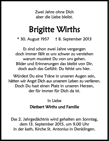 Anzeige von Brigitte Wirths von Kölner Stadt-Anzeiger / Kölnische Rundschau / Express