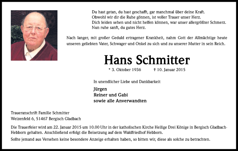  Traueranzeige für Hans Schmitter vom 17.01.2015 aus Kölner Stadt-Anzeiger / Kölnische Rundschau / Express