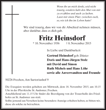 Anzeige von Fritz Heinsdorf von  Wochenende 