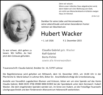 Anzeige von Hubert Wacker von Kölner Stadt-Anzeiger / Kölnische Rundschau / Express