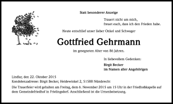 Anzeige von Gottfried Gehrmann von Kölner Stadt-Anzeiger / Kölnische Rundschau / Express