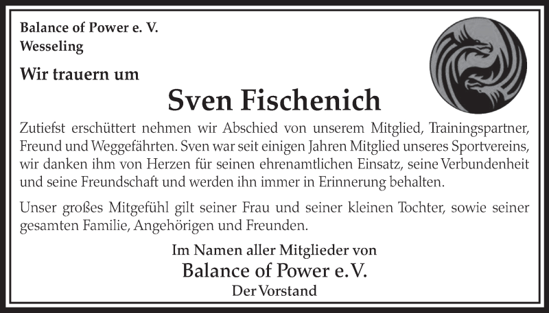  Traueranzeige für Sven Fischenich vom 08.04.2015 aus  Schlossbote/Werbekurier 