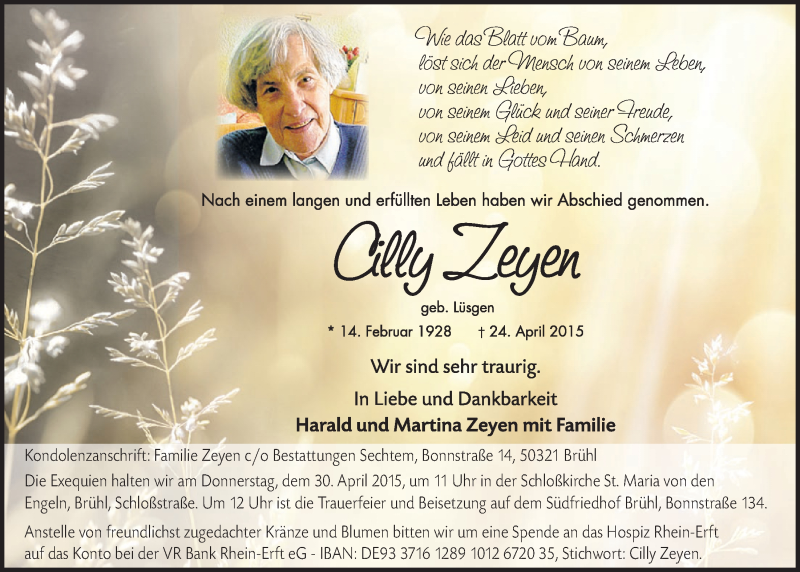  Traueranzeige für Cilly Zeyen vom 29.04.2015 aus  Schlossbote/Werbekurier  Werbepost 