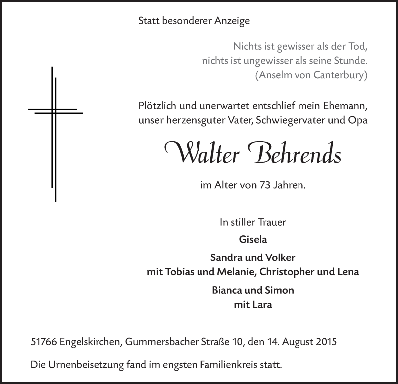  Traueranzeige für Walter Behrends vom 26.08.2015 aus  Anzeigen Echo 