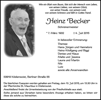Anzeige von Heinz Becker von Kölner Stadt-Anzeiger / Kölnische Rundschau / Express
