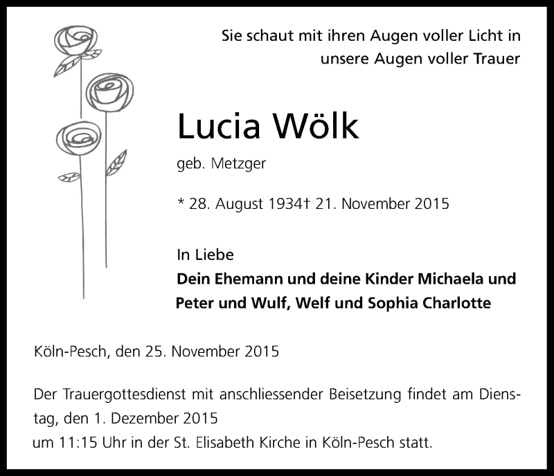  Traueranzeige für Lucia Wölk vom 28.11.2015 aus Kölner Stadt-Anzeiger / Kölnische Rundschau / Express