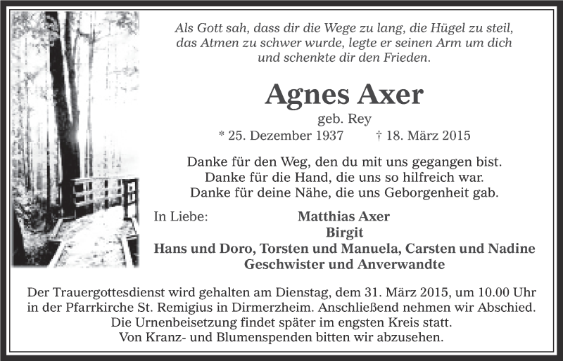  Traueranzeige für Agnes Axer vom 25.03.2015 aus  Werbepost 