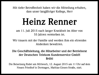 Anzeige von Heinz Renner von Kölner Stadt-Anzeiger / Kölnische Rundschau / Express