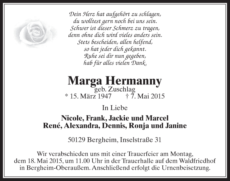  Traueranzeige für Marga Hermanny vom 13.05.2015 aus  Werbepost 