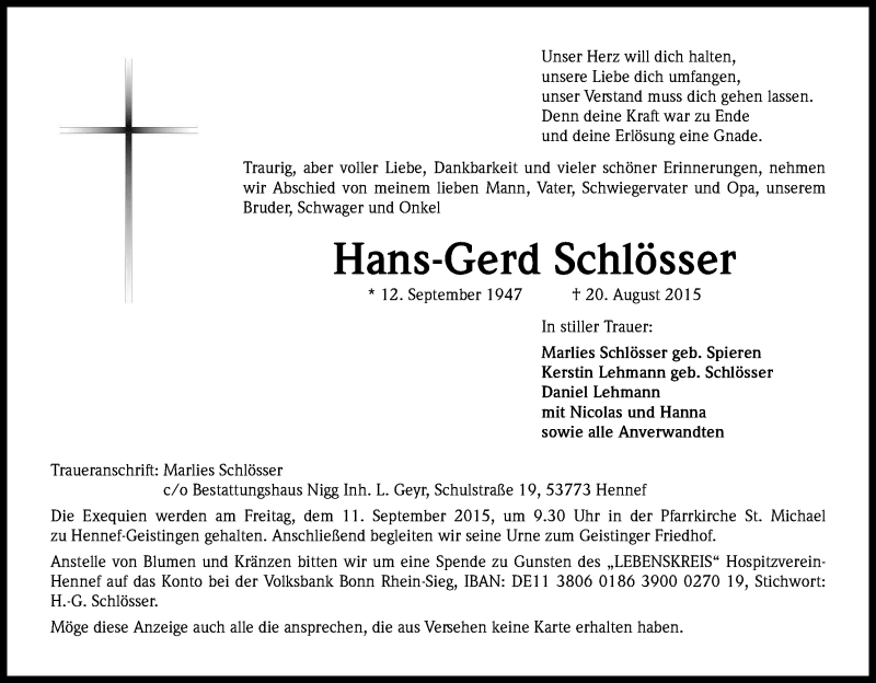  Traueranzeige für Hans-Gerd Schlösser vom 05.09.2015 aus Kölner Stadt-Anzeiger / Kölnische Rundschau / Express