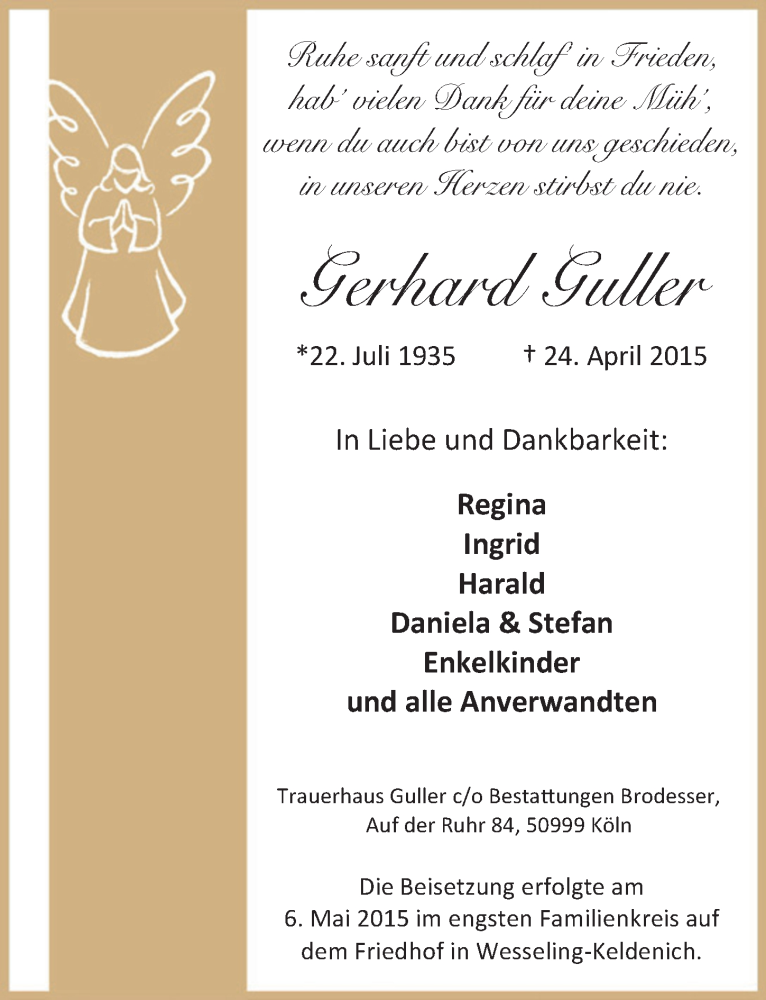  Traueranzeige für Gerhard Guller vom 06.05.2015 aus  Kölner Wochenspiegel 
