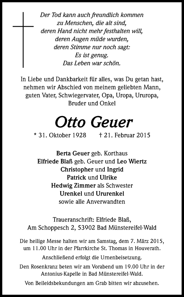  Traueranzeige für Otto Geuer vom 04.03.2015 aus Kölner Stadt-Anzeiger / Kölnische Rundschau / Express