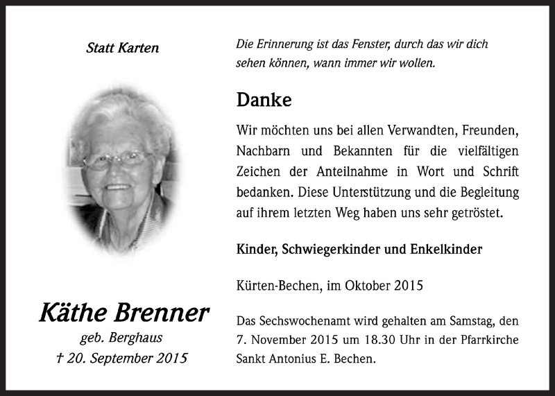  Traueranzeige für Käthe Brenner vom 28.10.2015 aus  Bergisches Handelsblatt 