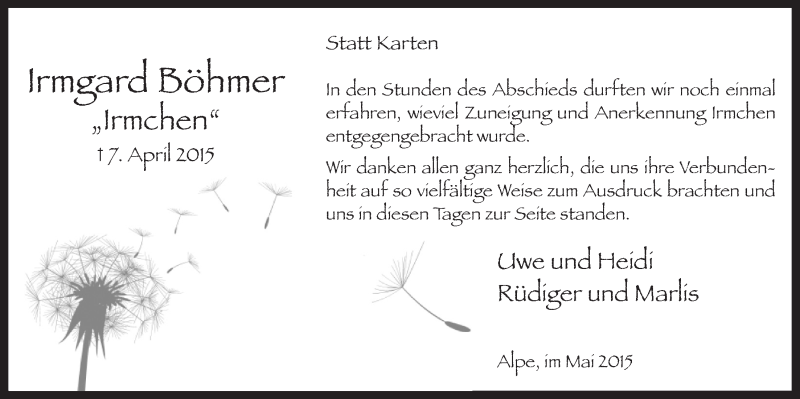  Traueranzeige für Irmgard Böhmer vom 20.05.2015 aus  Anzeigen Echo 