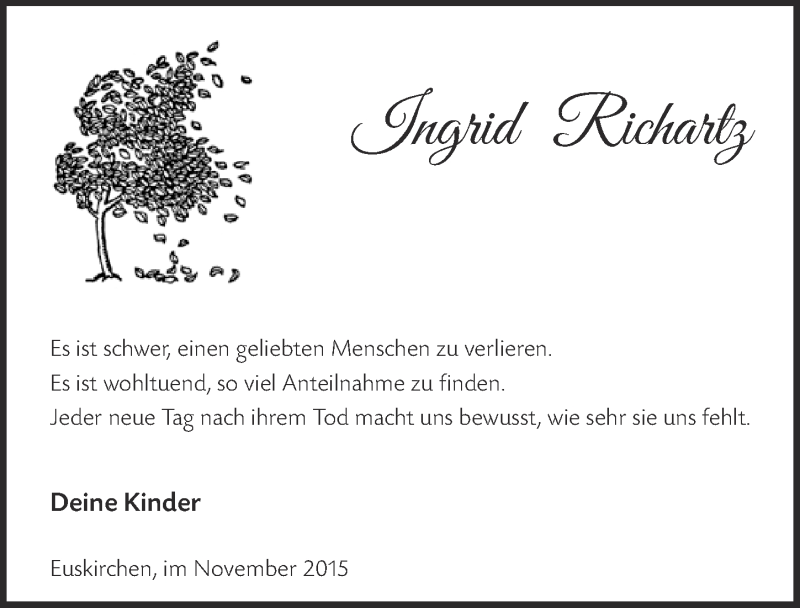  Traueranzeige für Ingrid Richartz vom 29.11.2015 aus  Blickpunkt Euskirchen 