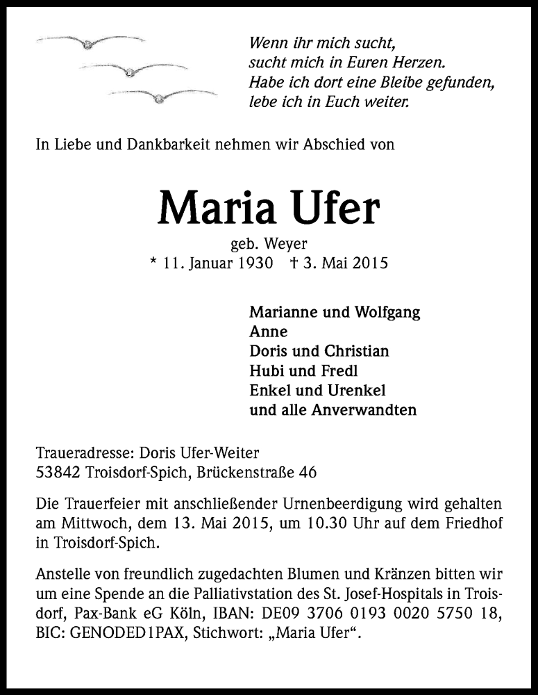  Traueranzeige für Maria Ufer vom 06.05.2015 aus Kölner Stadt-Anzeiger / Kölnische Rundschau / Express