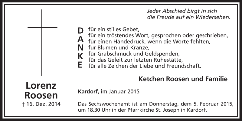  Traueranzeige für Lorenz Roosen vom 21.01.2015 aus  Schaufenster/Blickpunkt  Schlossbote/Werbekurier 