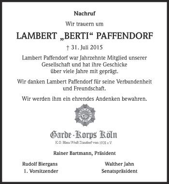 Anzeige von Lambert Paffendorf von  Kölner Wochenspiegel 