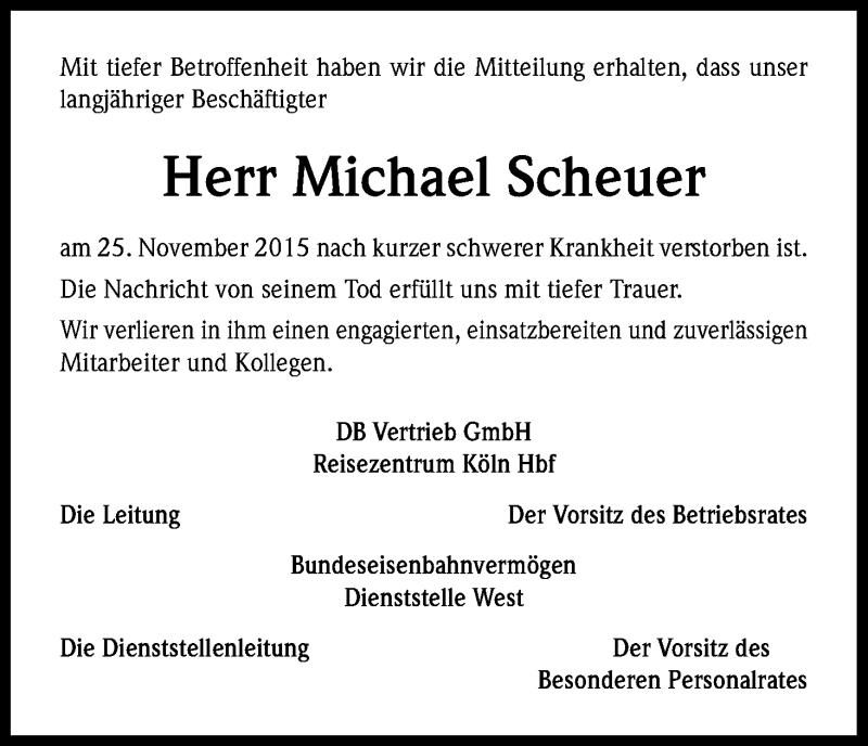  Traueranzeige für Michael Scheuer vom 01.12.2015 aus Kölner Stadt-Anzeiger / Kölnische Rundschau / Express