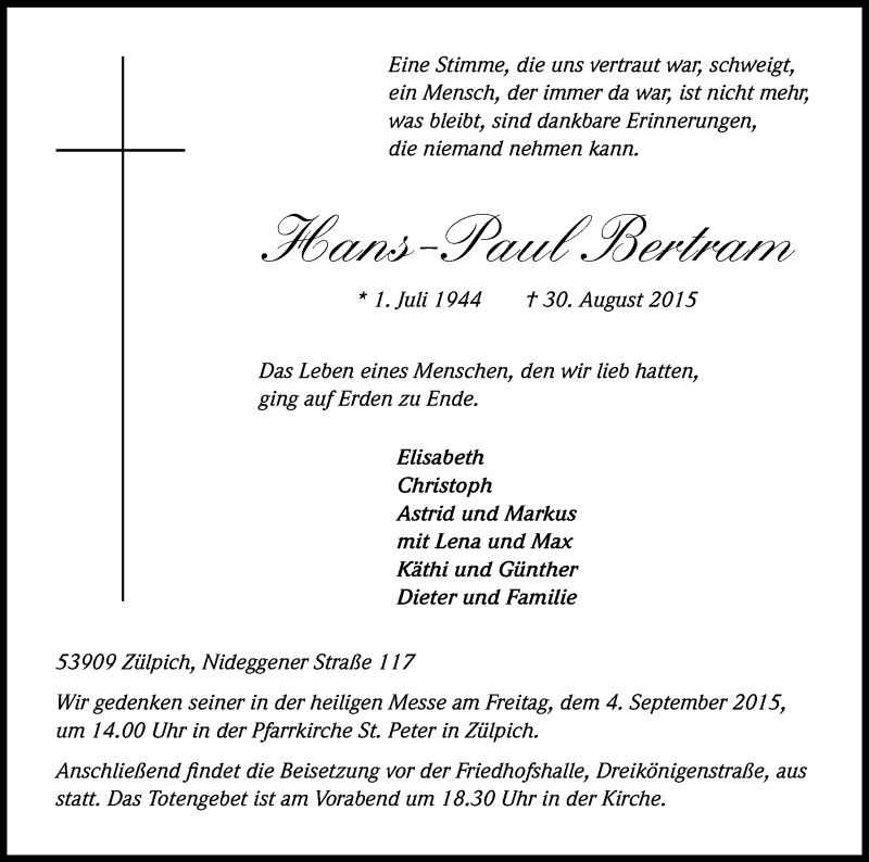  Traueranzeige für Hans-Paul Bertram vom 02.09.2015 aus Kölner Stadt-Anzeiger / Kölnische Rundschau / Express