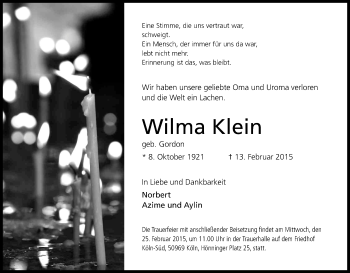 Anzeige von Wilma Klein von Kölner Stadt-Anzeiger / Kölnische Rundschau / Express