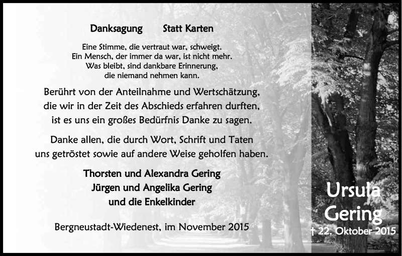  Traueranzeige für Ursula Gering vom 28.11.2015 aus Kölner Stadt-Anzeiger / Kölnische Rundschau / Express