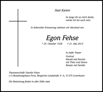 Anzeige von Egon Fehse von Kölner Stadt-Anzeiger / Kölnische Rundschau / Express