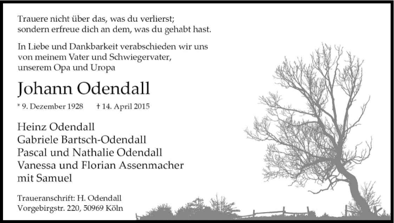  Traueranzeige für Johann Odendall vom 18.04.2015 aus Kölner Stadt-Anzeiger / Kölnische Rundschau / Express