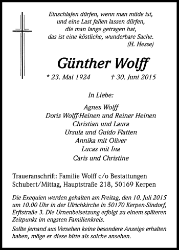 Anzeige von Günther Wolff von Kölner Stadt-Anzeiger / Kölnische Rundschau / Express