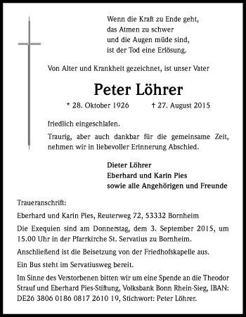 Anzeige von Peter Löhrer von Kölner Stadt-Anzeiger / Kölnische Rundschau / Express