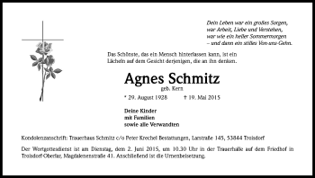 Anzeige von Agnes Schmitz von Kölner Stadt-Anzeiger / Kölnische Rundschau / Express