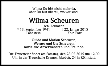 Anzeige von Wilma Scheuren von Kölner Stadt-Anzeiger / Kölnische Rundschau / Express
